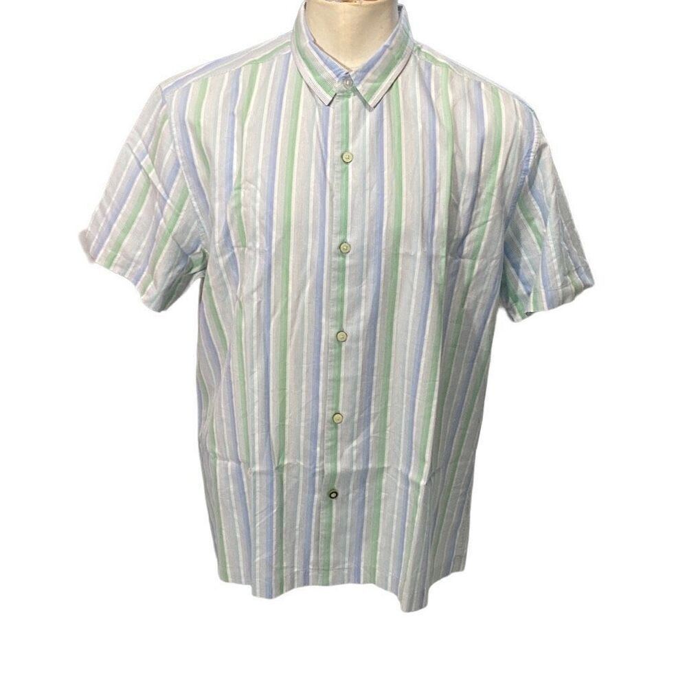 VTG Tommy Bahama Striped Short Sleeve Silk Blend Button Front Blue Green XL